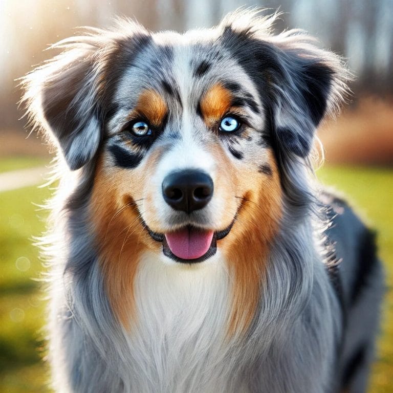 alt="Australian Shepherd con pelaje tricolor, sentado y mostrando una expresión alerta e inteligente."