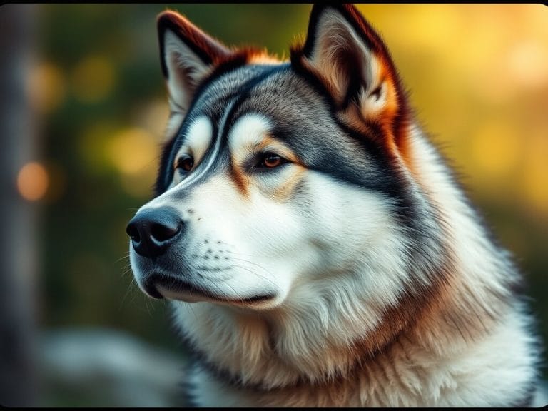 alt="Alaskan Malamute con pelaje espeso y denso, de pie al aire libre con una expresión fuerte y amigable."